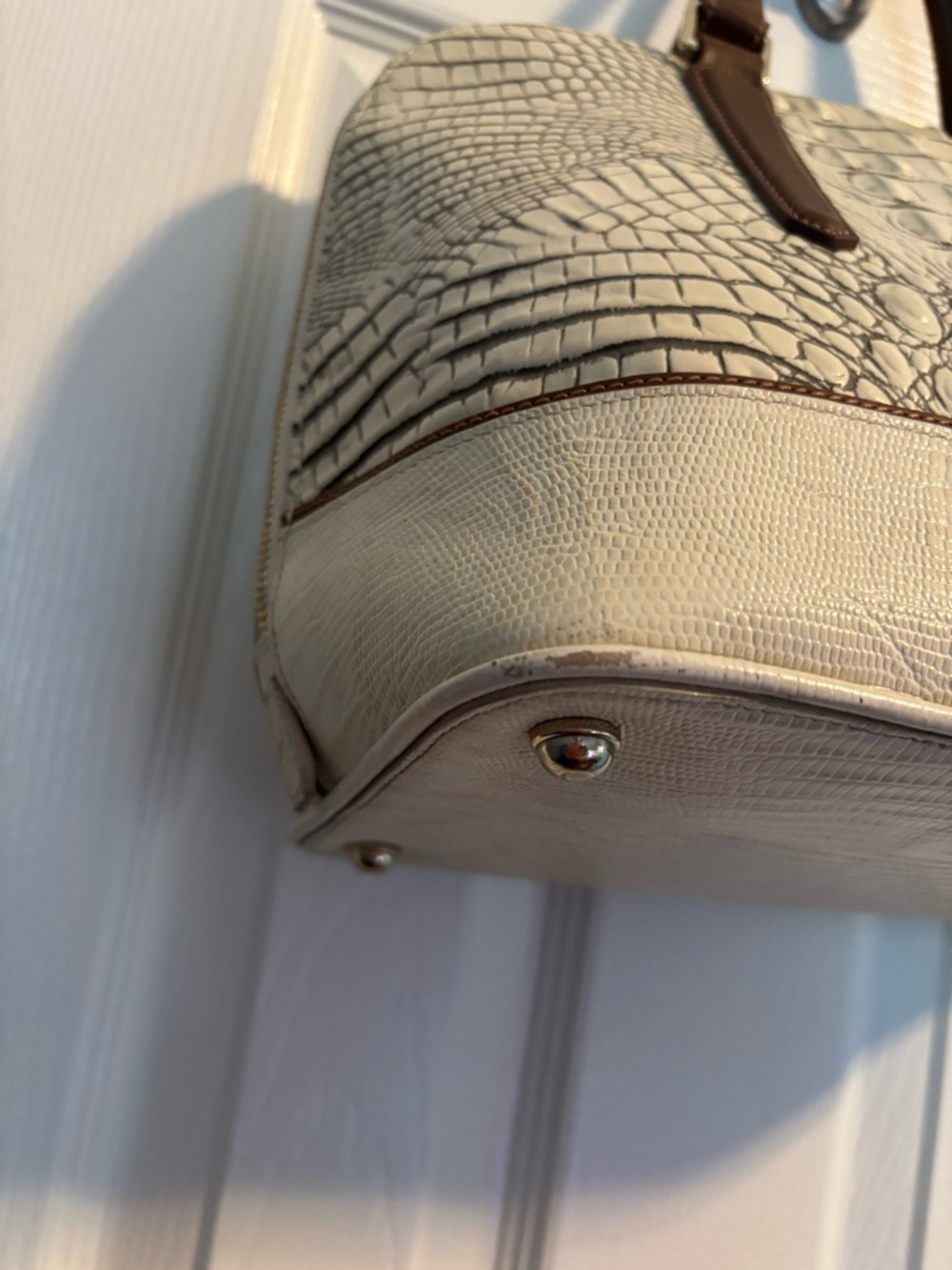 Brahmin Cream Croc-Embossed Satchel with Brown Handles - Picture 6 of 7